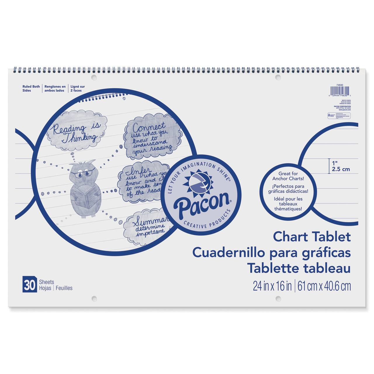 Pacon® White 1" Ruled Chart Tablet, 24" x 16", 30 Sheets Per Chart, 3 Charts